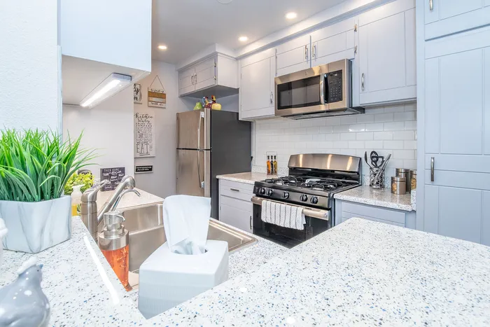 Contemporary kitchen with sleek stainless steel appliances, elegant granite countertops, and stylish cabinetry accented by modern lighting.
