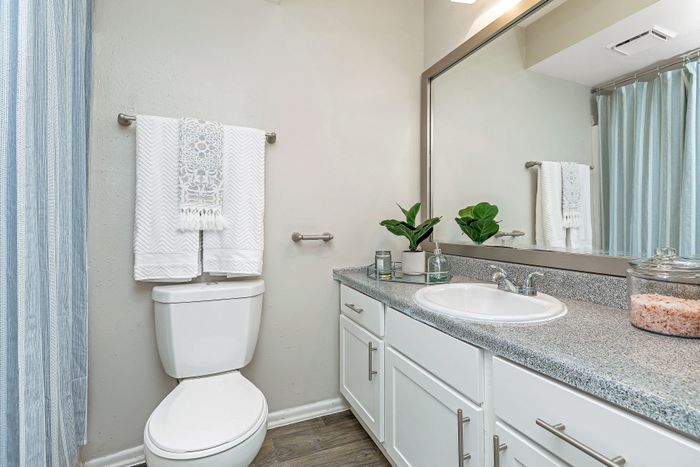 Modern bathroom featuring a sleek countertop, elegant white cabinetry, and a large wall mirror, complemented by stylish decor and lush greenery.