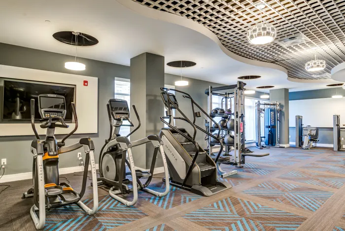 Modern fitness center featuring state-of-the-art cardio machines, weight racks, and sleek interior design.