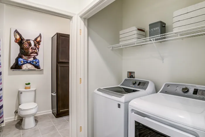 Charming laundry room with modern washer and dryer, wall storage, and quirky dog art adding character.