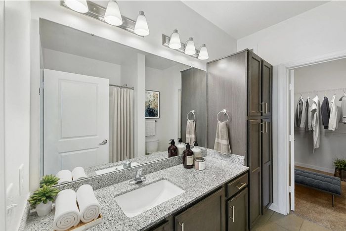 Contemporary bathroom with elegant granite countertop, spacious mirror, and modern lighting, adjacent to a neatly organized walk-in closet.