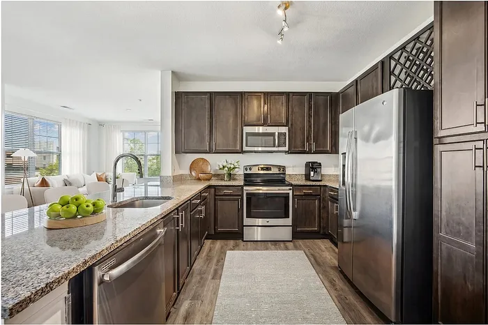 Chic modern kitchen with elegant dark wood cabinets, stainless steel appliances, and gleaming granite countertops, seamlessly flowing into a bright and spacious open-concept living area.