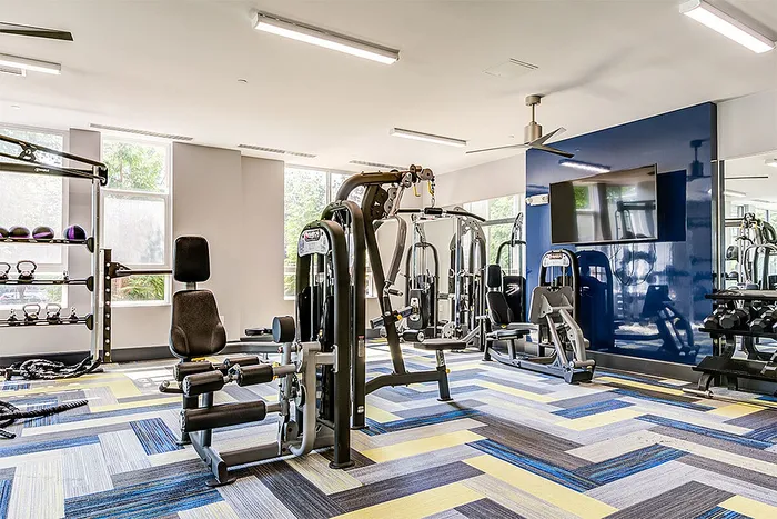 Modern fitness center with state-of-the-art gym equipment, vibrant patterned flooring, and a wall-mounted TV.