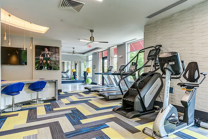 Contemporary fitness center with modern exercise equipment, vibrant flooring, and a sleek bar area for relaxation.