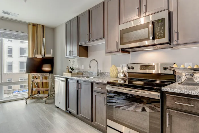 Modern kitchen with stainless steel appliances, elegant dark cabinetry, and large sunlit windows offering a bright, inviting atmosphere.