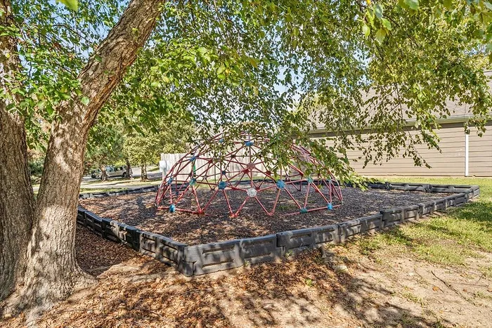 Inviting playground with a colorful dome climber nestled under lush green trees, perfect for family fun and relaxation.