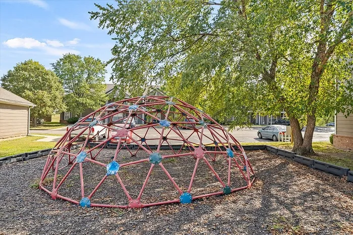 Inviting playground area featuring a colorful geometric climbing dome, surrounded by lush greenery under a clear blue sky.
