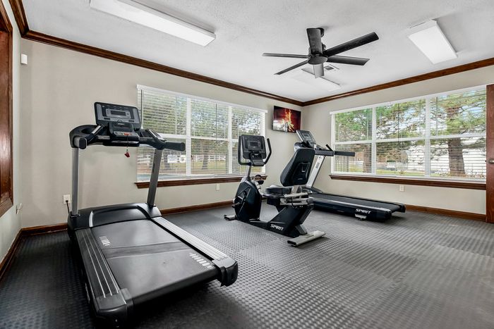 Bright fitness room with modern treadmills, large windows showcasing a scenic view, and sleek decor.