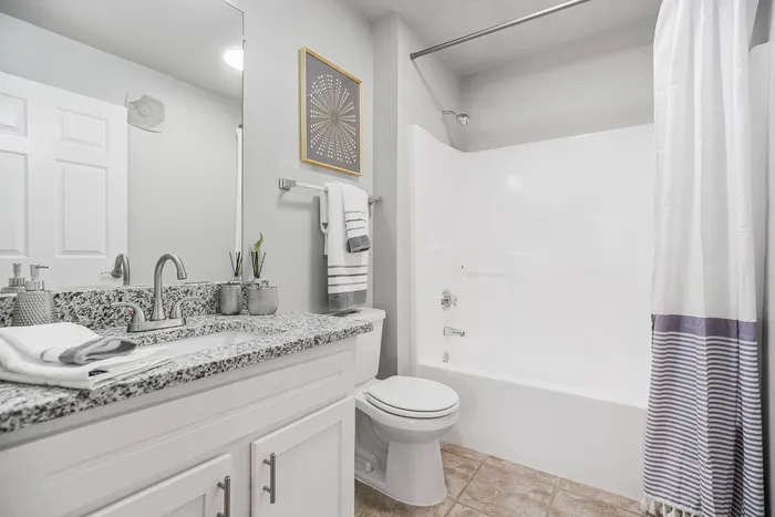 Bright and modern bathroom with sleek granite countertop, elegant fixtures, and a stylish shower curtain.