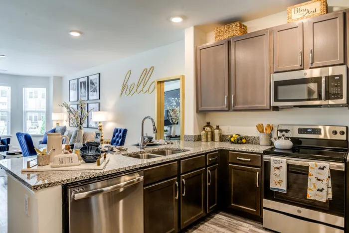 Chic open-concept kitchen with granite countertops and dark wood cabinets, blending seamlessly into a cozy living area with vibrant blue accents and elegant decor.