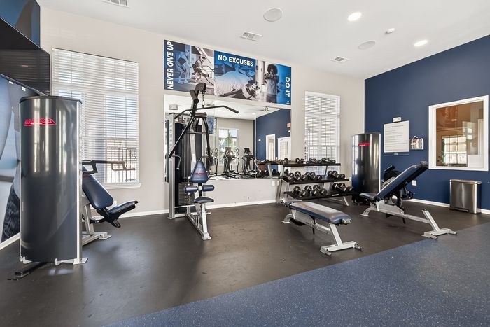 Contemporary fitness center with state-of-the-art exercise equipment, bright natural lighting, and motivating wall art.