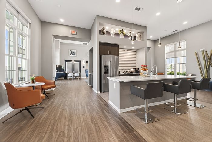 Sleek and modern apartment kitchen with elegant bar seating, open floor design, large windows, and chic decor.