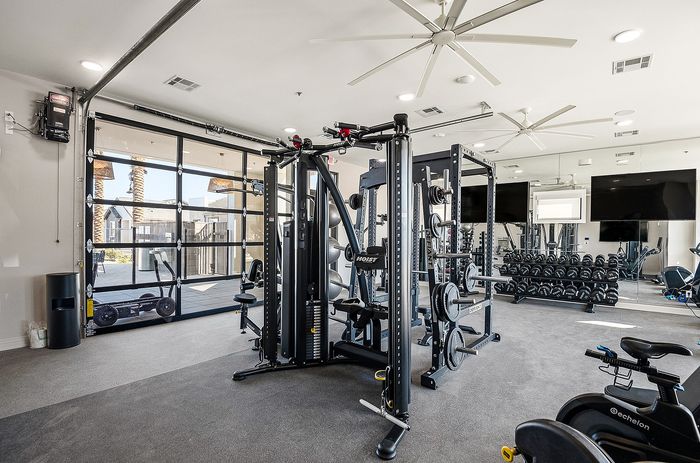 Modern fitness center featuring advanced gym equipment, expansive mirrors, and ample natural light for an invigorating workout experience.
