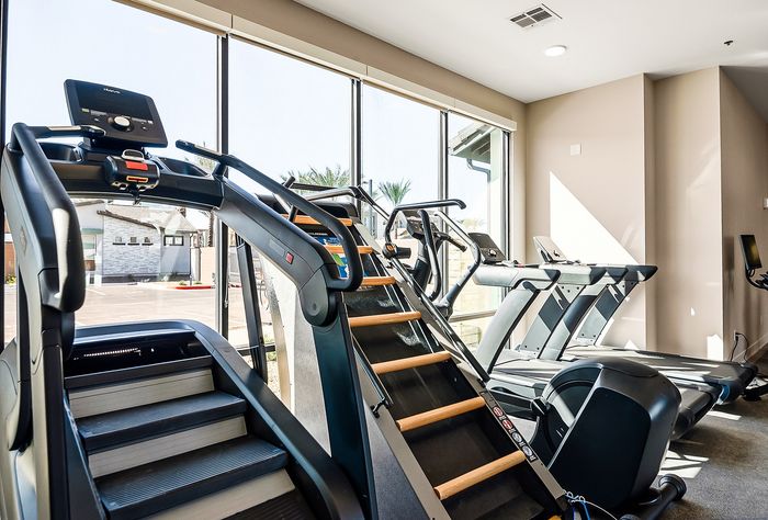 Bright and modern fitness center featuring state-of-the-art treadmills and step machines with large windows offering an energizing outdoor view.
