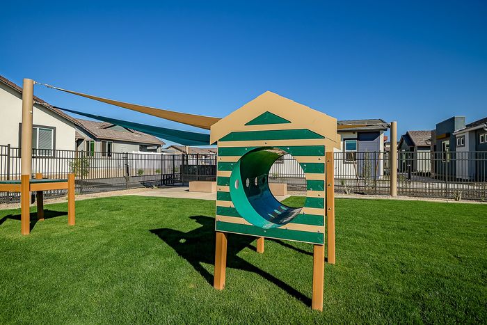 Charming community playground with vibrant tunnel playhouse and lush green lawn, perfect for family fun.