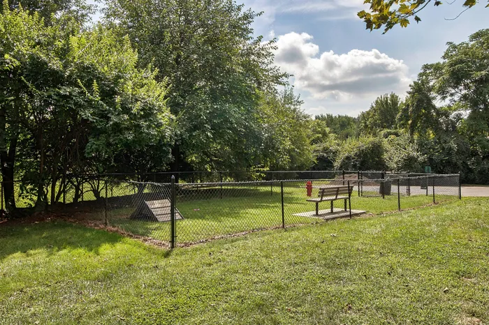 Charming fenced dog park featuring lush greenery, a cozy bench, and a peaceful walking path ideal for relaxation and play.