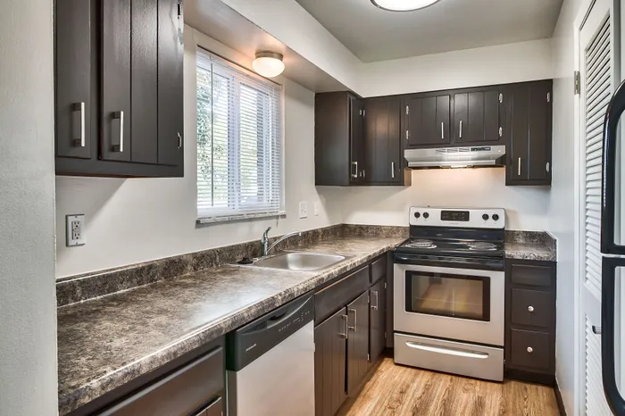 Charming kitchen with modern dark cabinetry, sleek countertops, and stainless steel appliances, flooded with natural light.