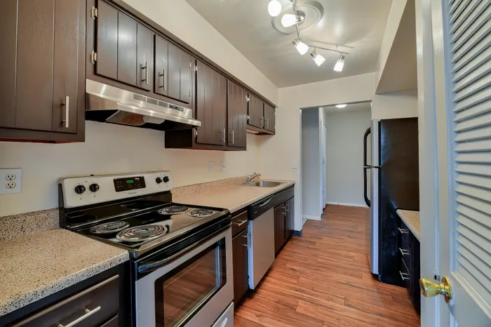 Modern kitchen with sleek dark wood cabinets, granite countertops, stainless steel appliances, and warm wood flooring, offering a stylish cooking space.