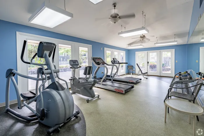 Bright fitness center featuring modern gym equipment, treadmills, and an elliptical, with a refreshing blue accent wall and natural light streaming in.