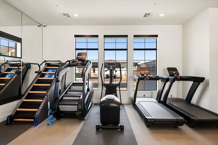 Modern fitness room featuring advanced cardio equipment, including treadmills and stair climbers, with large windows providing natural light.