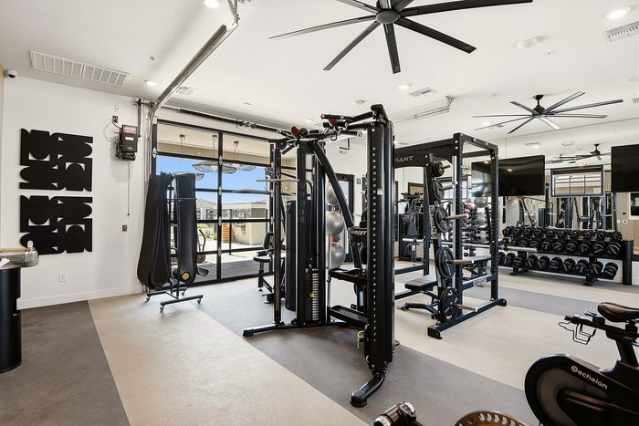 Modern fitness center with state-of-the-art gym equipment, abundant natural light, and sleek interior design.