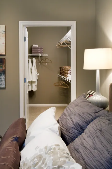 Cozy bedroom with view into a well-organized walk-in closet, featuring soft lighting, plush pillows, and tasteful decor.