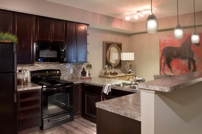 Modern kitchen with sleek dark wood cabinets, granite countertops, and stylish pendant lighting creates a chic culinary space.
