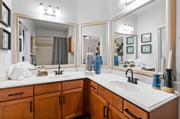 Elegant bathroom with dual sinks, stylish wooden cabinetry, and decorative accents creating a luxurious, inviting atmosphere.