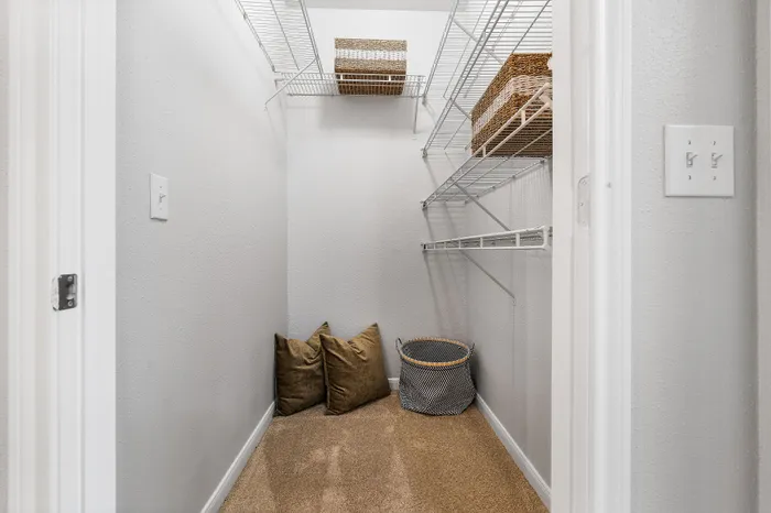 Spacious walk-in closet with wire shelving and cozy carpeted floor, perfect for organization and storage.