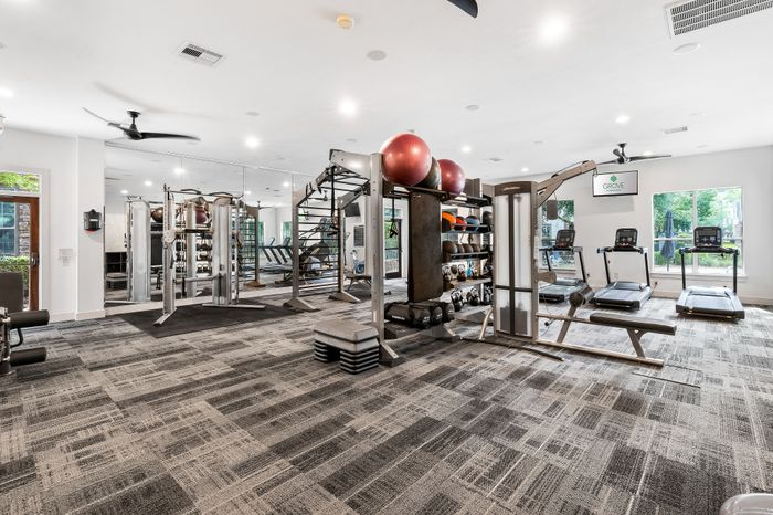 Modern fitness center with state-of-the-art equipment, including treadmills, weights, and exercise balls, in a spacious and bright environment.