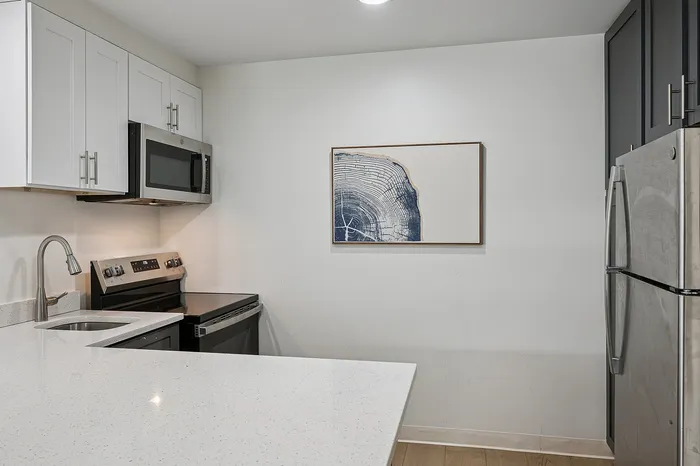 Modern kitchen with sleek stainless steel appliances, elegant white cabinetry, and a stylish art piece on the wall.