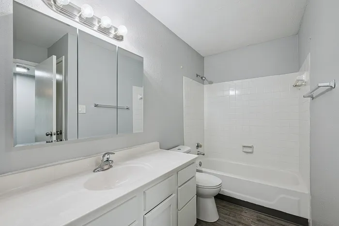 Bright, modern bathroom featuring a sleek vanity, large mirror, and elegant bathtub, perfect for relaxation.