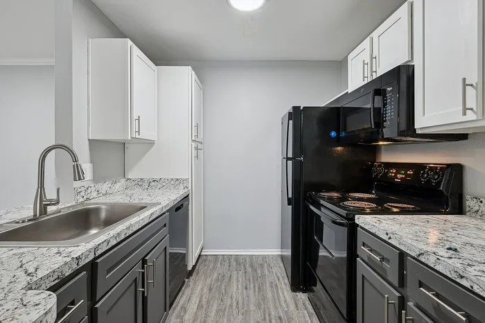 Modern kitchen with sleek granite countertops, stylish cabinetry, stainless steel fixtures, and contemporary appliances.