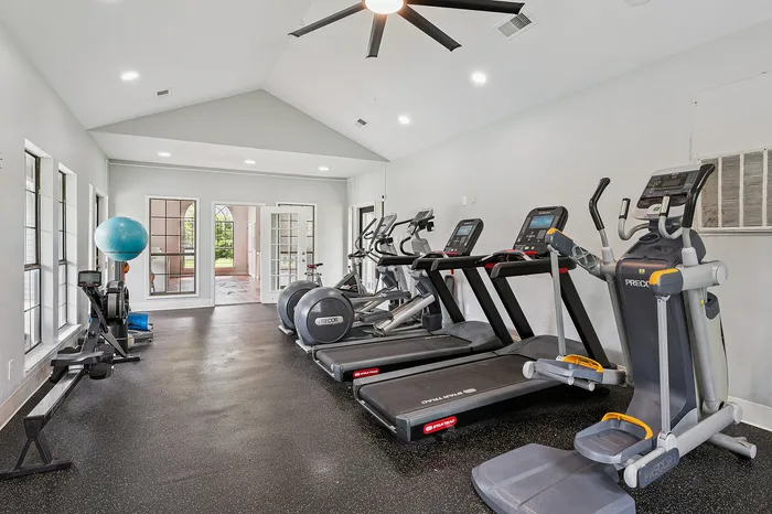 Modern fitness center with state-of-the-art cardio equipment, bright natural lighting, and stylish design.