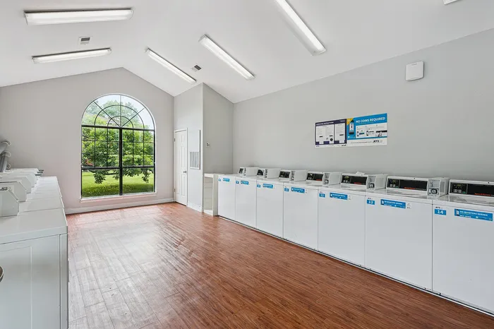 Bright and spacious laundry room with modern washing machines and large arched window overlooking lush greenery.