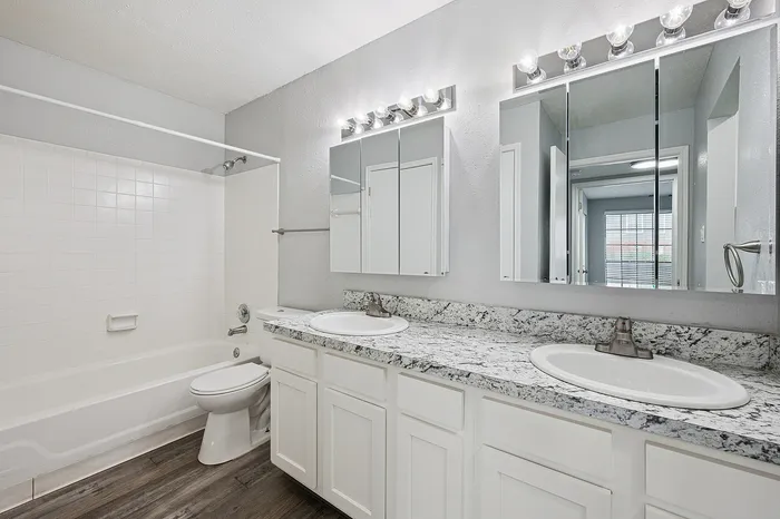 Modern bathroom with sleek granite countertops, dual sinks, and elegant lighting, offering a bright and stylish retreat.