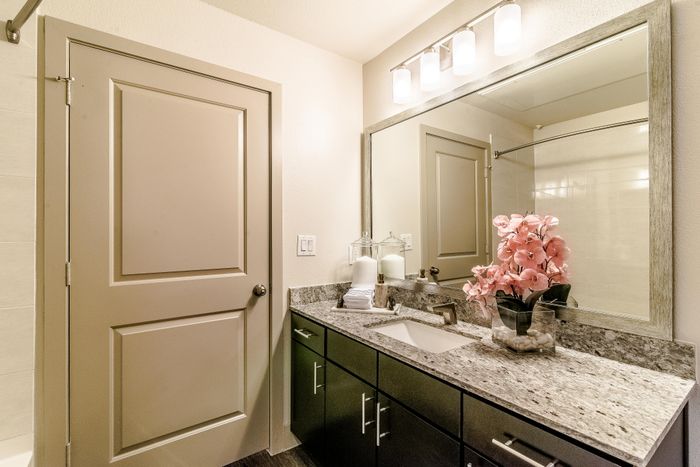 Elegant bathroom with granite countertop, large mirror, sophisticated lighting, and decorative pink orchids for a serene ambiance.