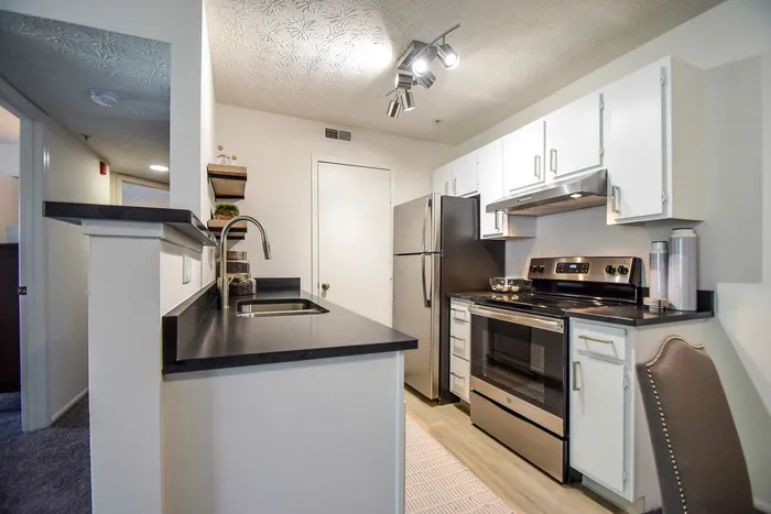 Modern kitchen with sleek stainless steel appliances, elegant black countertops, and contemporary lighting.