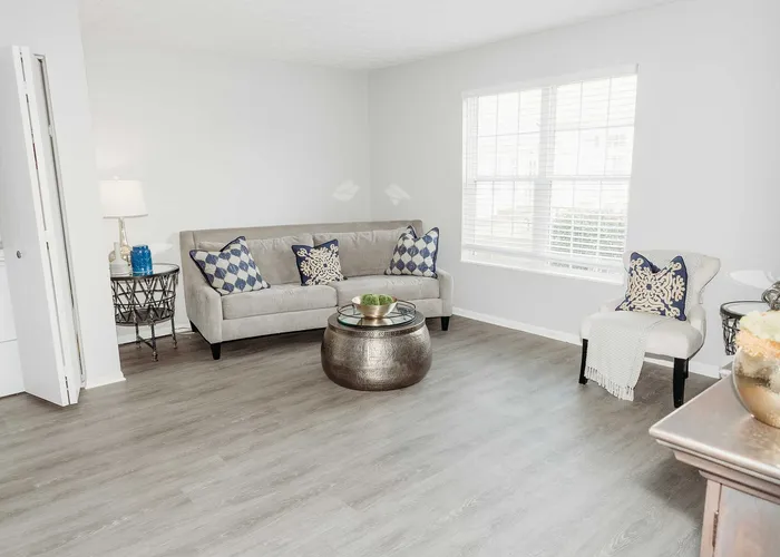 Bright, inviting living room with elegant gray sofa, accent chairs, and stylish decor, featuring modern wood flooring and a large window for natural light.