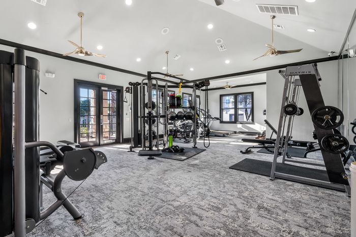 Modern fitness center featuring state-of-the-art gym equipment in a spacious, well-lit environment with large windows and sleek decor.