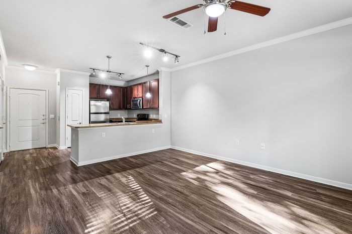 Bright and modern open-concept apartment with sleek hardwood floors, gourmet kitchen with stainless steel appliances, and stylish lighting in a welcoming space.