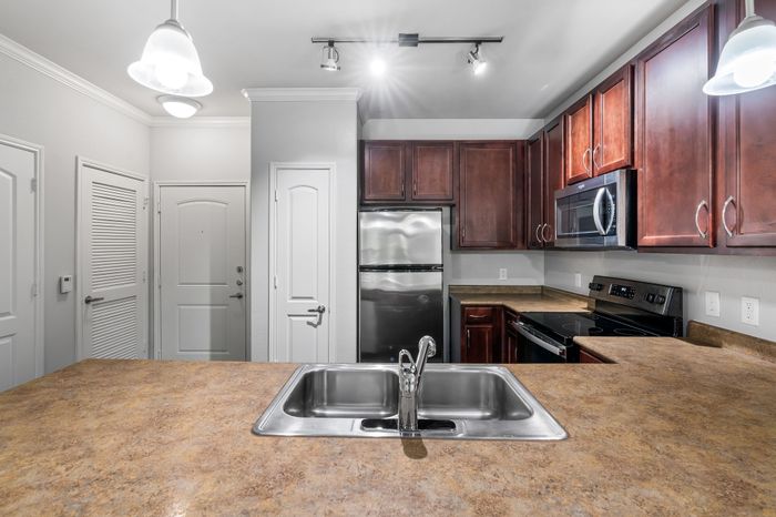 Modern kitchen with elegant wood cabinetry, sleek stainless steel appliances, and spacious countertops under stylish lighting.
