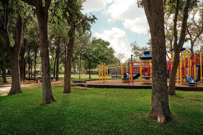 Charming outdoor park featuring vibrant playground equipment set amidst lush greenery and mature trees, perfect for family recreation.