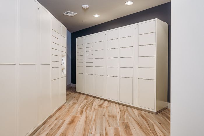 Modern spacious hallway with elegant built-in storage cabinets and sleek wood flooring.