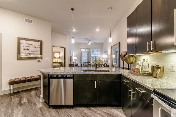Modern apartment interior featuring a sleek kitchen with granite countertops, open-concept living space, and elegant decor.