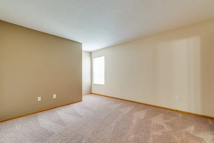Bright, spacious room with soft carpet and a large window offering abundant natural light, ideal for a cozy living area.