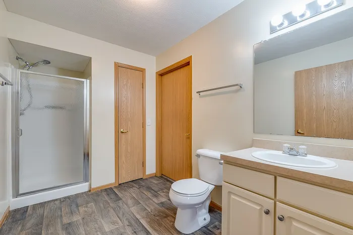 Bright and inviting bathroom with a modern shower, sleek vanity, and elegant wood accents.