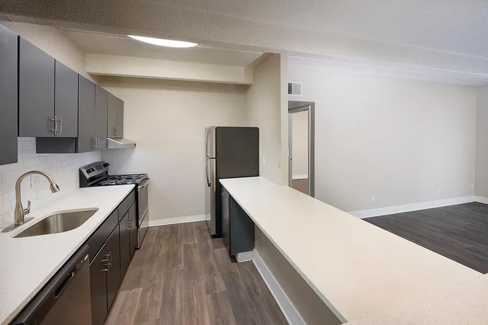 Modern kitchen with sleek dark cabinetry, stainless steel appliances, and elegant countertops opening to a spacious living area with wood flooring.