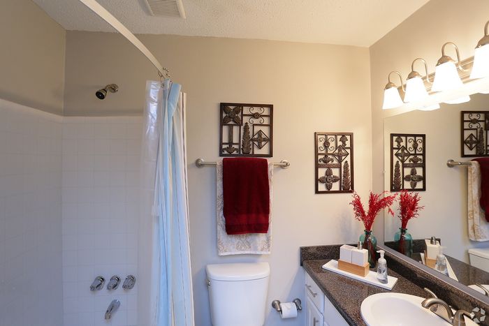 Elegant bathroom with modern lighting, decorative wall art, and a granite countertop.