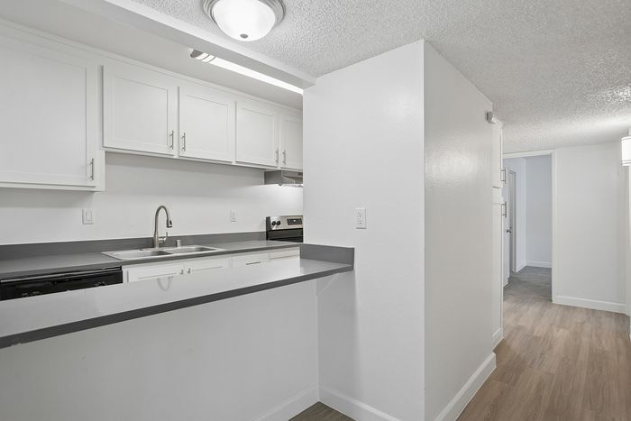 Modern kitchen with sleek white cabinetry, stylish countertops, and wood-style flooring in a bright apartment space.